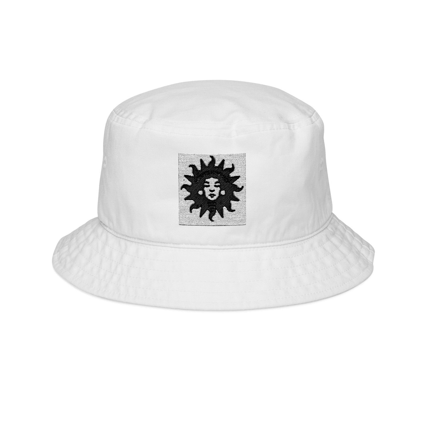Embroidered Sun Face Bucket Hat — Vintage Black Sun Patch, Casual Summer Accessory