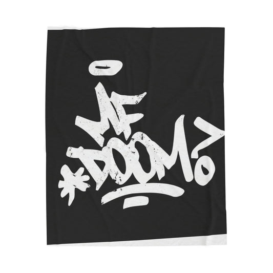 Velveteen Throw Blanket — Bold Graffiti "MF Doom" Design, Soft Plush Black & White Cozy Accent